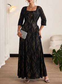 SHEIN Clasi Plus Size Romantic And Elegant Square Collar Side Strap Design Black Lace Dress,Lace Dress - Black - View 6