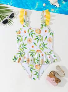 Young Girl Random Lemon Print Ruffle One Piece Swimsuit, Cute Beach Vacation Style - Yellow - View 5