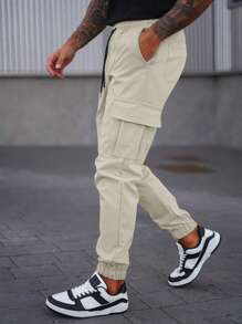 Manfinity Roughcore Men's Casual Jogger Pants With Multiple Pockets, Versatile Work Trousers, Jogger Cargo Pants Streetwear, Fall - Beige - View 4