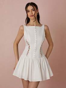 Enchnt Frühlings-/Sommer-romantisches Damen Weißes Retro Kleid mit kleiner Rosen-Stickerei, Boot-Ausschnitt, gerüschtem Saum, ärmellos, rückenfreiem Design, süßes und elegantes Mini-Kleid für Urlaub, Dates, Feiertage, Partys, Abschluss und Hochzeitsgäste, Abschlussballkleid, Sommerkleider für Damen, Sommerkleider für Damen, Sommerkleidung