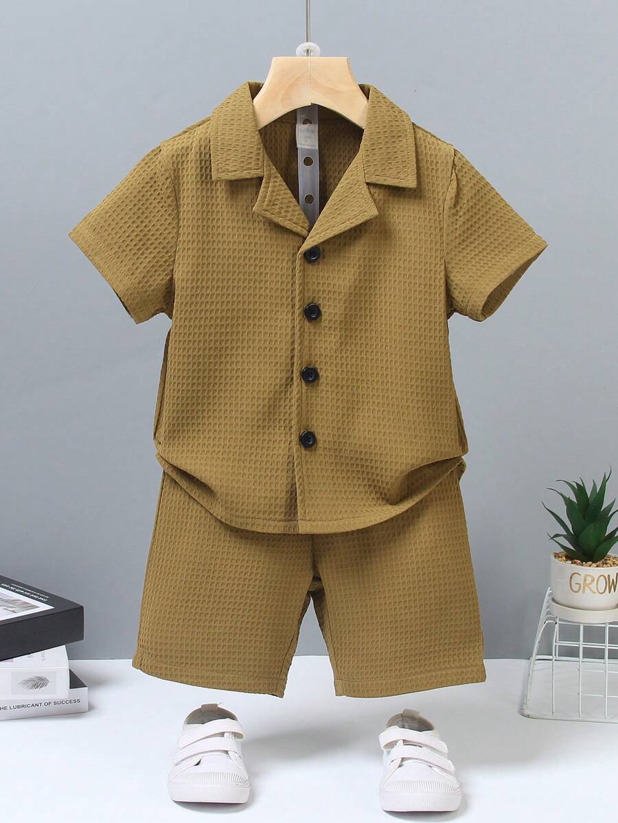 SHEIN 男童两件套短袖纯色衬衫和短裤套装，夏季时尚 - 軍綠色 - 查看 1