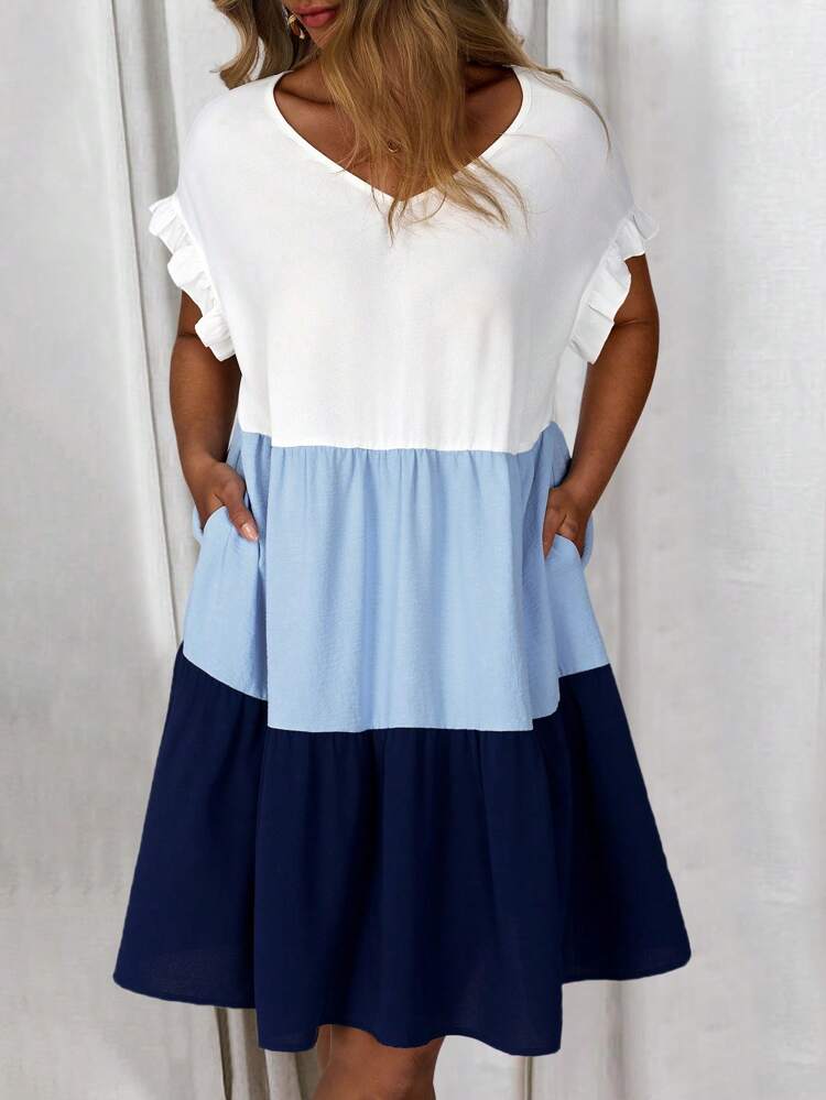 Plus Size Color Block Fashion Dress, Suitable For Summer