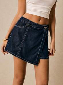 Poéselle Women Pockets Patched Denim Skort, Fashionable Summer Blue Country Concert Festival, Old Money, Business Casual Shorts - Dark Wash - View 4