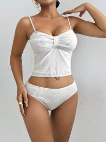 SHEIN Swim Minimalist Ruched Bust Detached Tankini Women Swimsuit, Flattering For Summer Beach Vacation - White - View 5