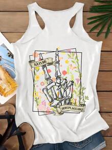 SHEIN LUNE Women's Casual Floral & Skull Graphic Round Neck Crisscross Strap Tank Top, For Summer - White - View 3