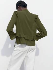 Maija 2025 New Sage Green Ruffle Trim Open Front Romantic Casual Women Shirt, Business Casual Commute Elegant Beach Resort Suitable For Wedding Guest, Countryside Music Festival, Brunch, Airport, 90s Vintage,Autumn Outfits For Women - Army Green - View 2