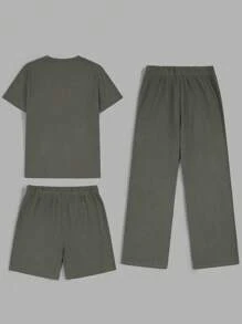 RueChic Men 3pcs Multi-Pack Waffle Fabric Letter Embriodery Drawstring Waist Regular T-Shirt & Short & Sweatpants - Army Green - View 2