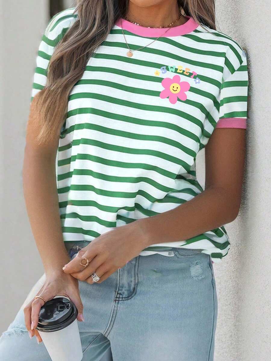 SHEIN EZwear 休闲简约圆领短袖宽松女式T恤，绿白条纹图案 - 彩色 - 查看 1