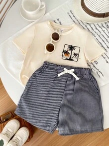 SHEIN Young Boy Back To School Casual Vacation Set, Includes Round Neck Short Sleeve T-Shirt With Palm Tree Print And Elastic Waist Striped Woven Shorts With Pockets, Suitable For Birthday Party, Party, Performance, Wedding, Baptism, School, Travel, Sports, Spring And Summer Young Boys Matching Sets Young Boys 2 Pieces - Khaki - View 8