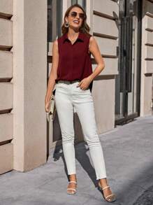 SHEIN Clasi 女式纯色不对称下摆无袖休闲夏季衬衫 - 酒紅色 - 查看 6