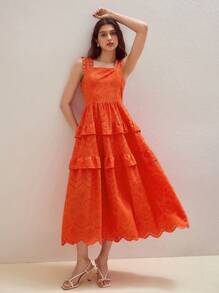 MOTF STUDIO EYELET EMBROIDERY TIERED LAYER MAXI DRESS - Orange - View 3