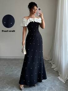 Elenzga Abito elegante con scollo a spalle scoperte, decorato con perline e a blocchi di colore