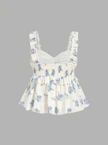 SHEIN MOD Plus Size Blue & White Embroidered Ruffle Trim Blouse Top, Romantic Vacation Wear - Blue and White - View 6