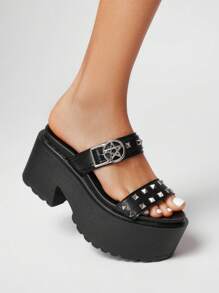 ROMWE Grunge Punk Giày Dark Rock Punk Goth dành cho nữ - Giày sandal đi biển La Mã đính đinh tán, Giày quai, Giày sandal đế dày đế xuồng - màu đen - Xem 6