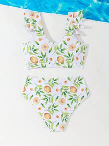 Summer Beach Vacation Random Floral Print Bowknot Ruffle Hem Ladies Swimsuit Set - Yellow - View 2