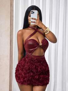 BamGleam Váy hoa hồng đỏ thắt nơ rỗng gợi cảm - Màu Đỏ Sâu - Xem 8