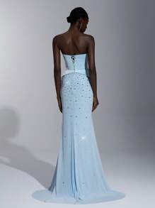 Elitara Elegant Luxurious Light Blue Satin Handmade Rhinestones Strapless Mermaid Formal Gown Suitable For Dates, Singles Parties, Receptions, Balls, Formal Occasions, Galas, And Banquets,Birthday Dress - Baby Blue - View 3