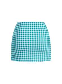 Swim Mod Traje de baño de una pieza con minifalda a cuadros azul retro para vacaciones de verano - Verde - Ver 4