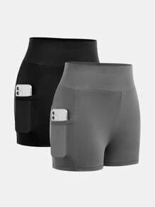 SHEIN Girlism 2pcs/Set Teen Girls Knitted High Waist Splice Mesh Pocket Leggings Set - Multicolor - View 1