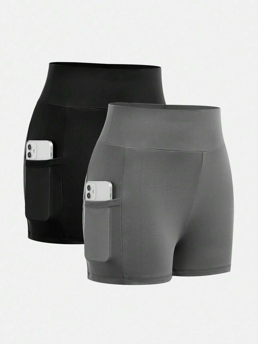 SHEIN Girlism 2pcs/Set Teen Girls Knitted High Waist Splice Mesh Pocket Leggings Set - Multicolor - View 1