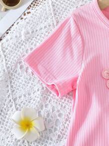 2pcs Girls' Colorful Flower Print Crew Neck Short Sleeve T-Shirt And Shorts Set, Toddler Summer Outfit - Pink - View 4