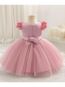 SHEIN Leap Crew Baby Girl Princess Elegant & Sweet Cute Round Neck 3D Floral Decor Party Dress - Pink - View 5
