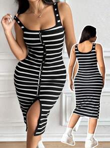 SHEIN Unity Plus Size Women Black & White Ribbed Ribbed Sleeveless Dress - Black and White - View 1