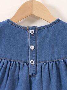 Girls Casual Preppy Style Blue Woven Denim Skater Dress With Bow Decor, For Toddler - Blue - View 5