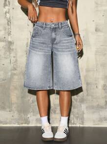 SHEIN ICON Quần short denim ống rộng giặt thường ngày cho nữ - Xám - Xem 5