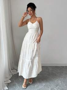 Elenzga Vestido eleg nte de mujer con textura arrugada tejida en color albaricoque, cintura ajustada y volantes en tres niveles, para primavera/verano