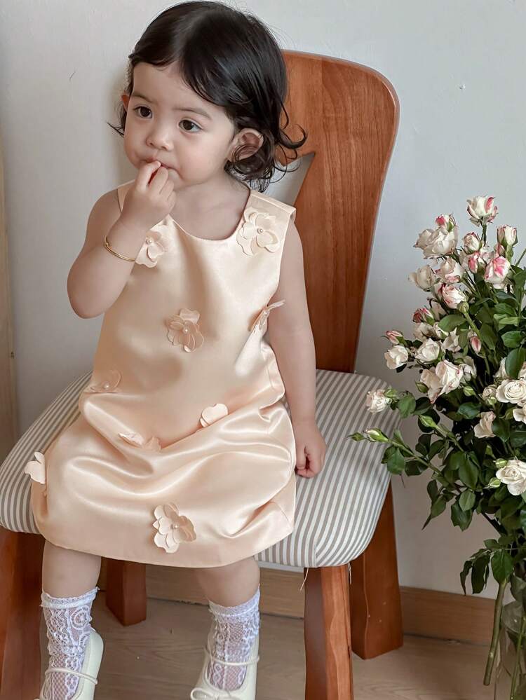 Baby Girls' Round Neck Summer 3D Floral Sleeveless Mid-Length Party Formal Dress Toddler Girls Clothes