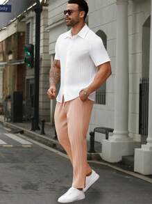 Manfinity Homme Plus Size Men's Solid Color Short Sleeve Shirt With Pants Set