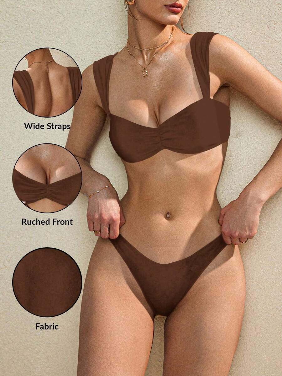 Swim Basics 女士优雅简约高腰露背比基尼套装，带荷叶边，黑色，性感高端，适合海滩和度假 - 棕色 - 查看 1