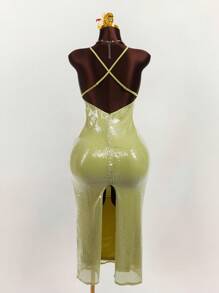 Amplova Robe de femme minimaliste et sexy à fente haute avec sequins