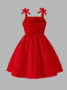 Young Girl' Elegant Solid Color 3D Bow Pleated Strap Dress, Spring/Summer New Arrivals Suitable For Outings, Parties And Events  Holiday  Travel  Summer  Relax