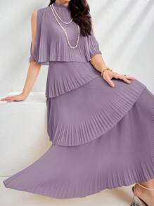 Modelyn Women's Fashionable Solid Color Short Sleeve Off-Shoulder Dress Long Evening Dresses Summer Dresses For Women - Purple - View 4