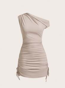 SHEIN Essnce Stylish Sleeveless Bodycon Mini Dress For Women: Khaki Ruched Knitted Fabric With Asymmetrical Neckline - Khaki - View 6