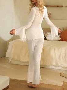 Lullawish Deep V-Neck Ribbed Asymmetrical Bell Sleeve Women's Loungewear Set