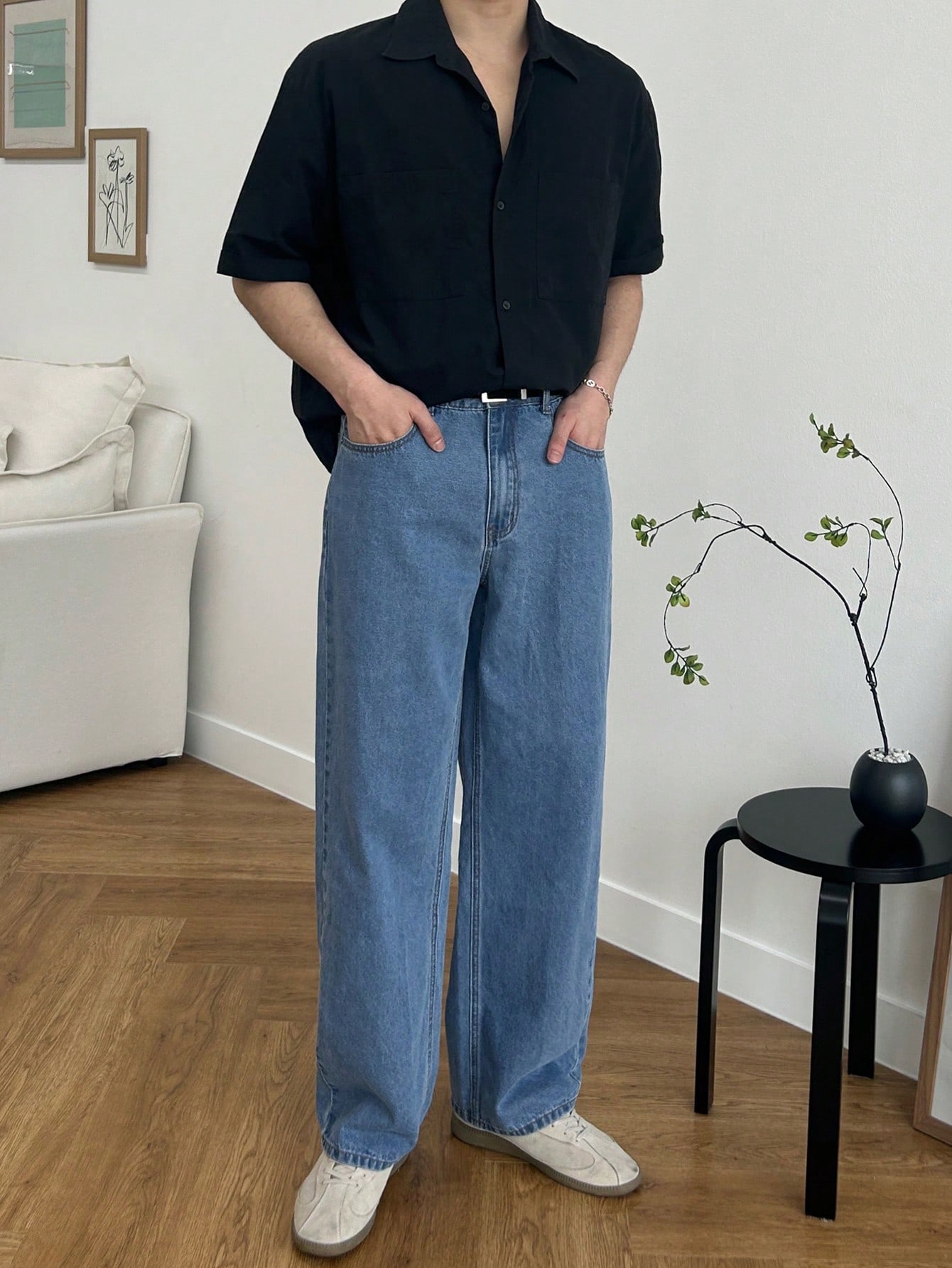 بنطلون جينز رجالي مستقيم فضفاض عادي مع جيوب،