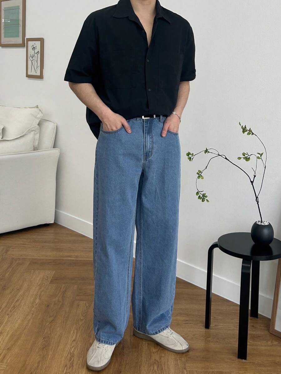 DAZY Men's Straight Loose Casual Pocket Jeans, Versatile, Fall - Blue - View 1