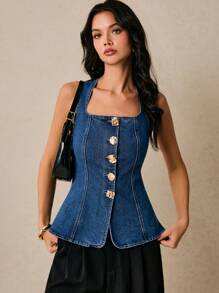 Poéselle Áo denim nữ đính nút kim loại, thời trang mùa hè cho nữ, áo denim kiểu miền Tây, áo denim xanh Y2k phong cách đồng quê, phong cách Old Money, phong cách công sở thường ngày - Rửa tối - Xem 1