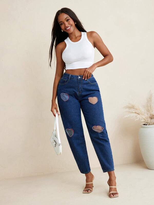 MODERRE Jeans de mujer de mezclilla lavada con recortes con forma de corazón y puntadas rojas de diseñador