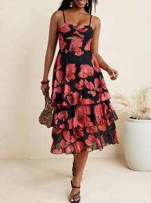 JIAN LASALA Vestido de tirantes elegante con estampado floral y diseño calado para invitada de boda, para mujer - Rojo y negro - Ver 3