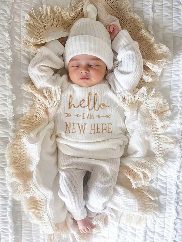 SHEIN HELLO Letter Embroidery Newborn Baby Photography Outfit - Baby Boy/Girl Top, Pants, Hat 3pcs Set, Studio Photo Props w wieku od 1 miesiąca do 100 dni