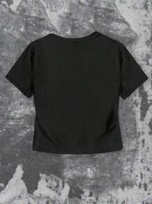 SHEIN EZwear Áo thun nữ cổ tròn tay ngắn họa tiết in chữ thập, dáng ôm vừa vặn, thích hợp cho mùa hè - màu đen - Xem 3