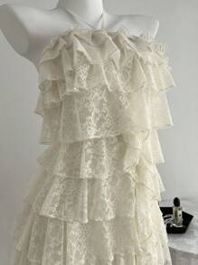 Elamini 女式蕾丝拼布露背吊带蛋糕设计连衣裙 - 杏色 - 查看 5