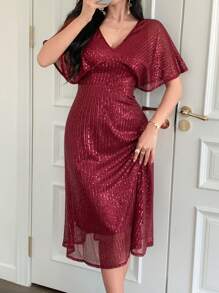 DAZY Women's Sequined V-Neck Empire Waist Dress, Elegant Long Formal Gown For Party Prom Dress