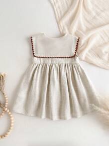 Loomiva Baby Girl Floral Print Lapel Sleeveless Waist Cinched Waist Dress - Apricot - View 2