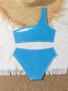Tween Girls' Solid Color Textured One Shoulder Bikini Set, Summer Beach Vacation Bathing Suits For Teens Top Bathing Suits Teen Girl Two Pieces Swim Suits For Women 1 Piece Bathing Suit One Peice Bathing Suit For Teens - Blue - View 2