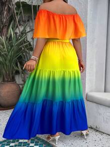 SHEIN Holidaya Plus Ombre Off Shoulder Ruffle Hem Belted Dress Maxi Women Outfit - Multicolor - View 2